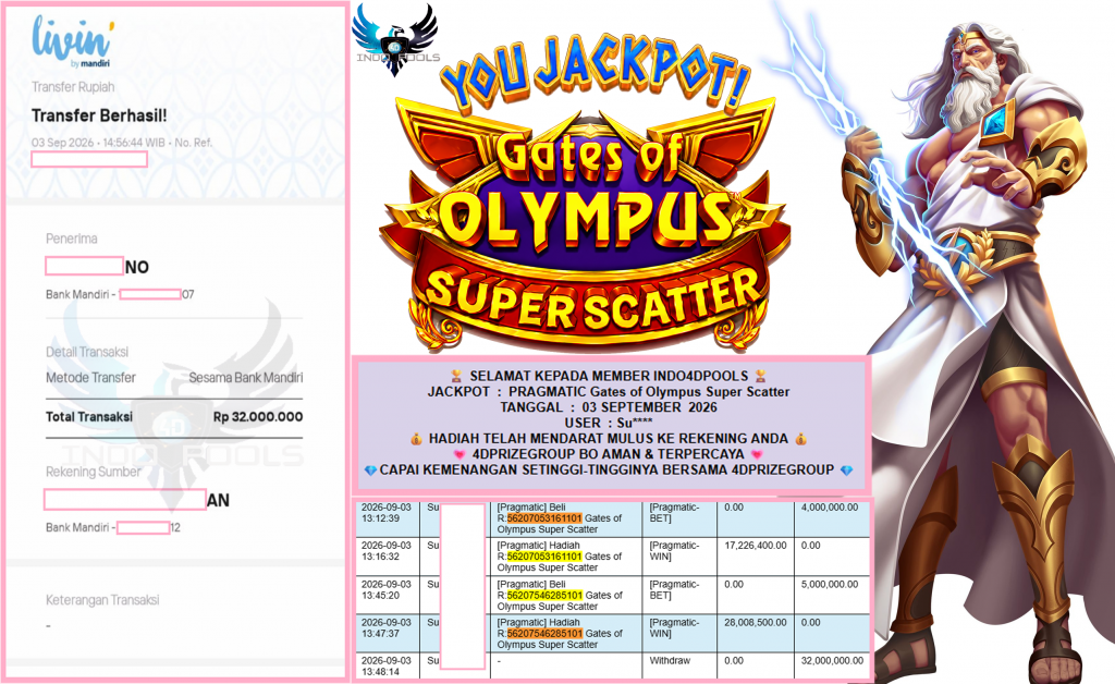 INDO4DPOOLS JACKPOT PRAGMATIC “Gates of Olympus Super Scatter” Rp32.000.000,- LUNAS