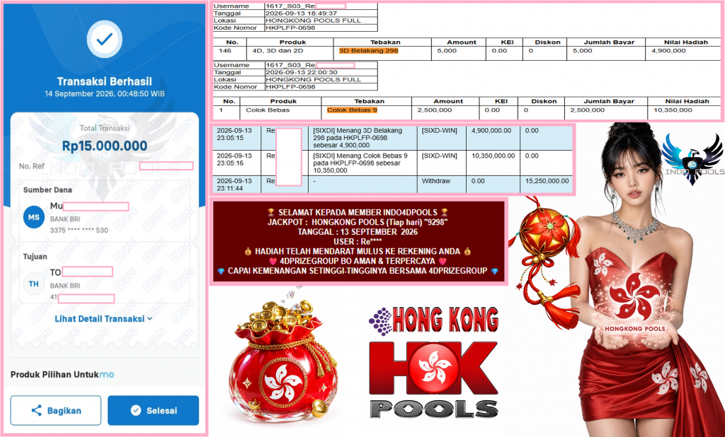 INDO4DPOOLS JACKPOT HONGKONG POOLS (Tiap hari) “9298” Rp15.250.000,- LUNAS