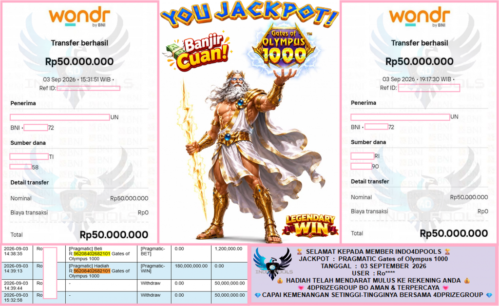 INDO4DPOOLS JACKPOT PRAGMATIC “Gates of Olympus 1000″ Rp150.000.000,- LUNAS