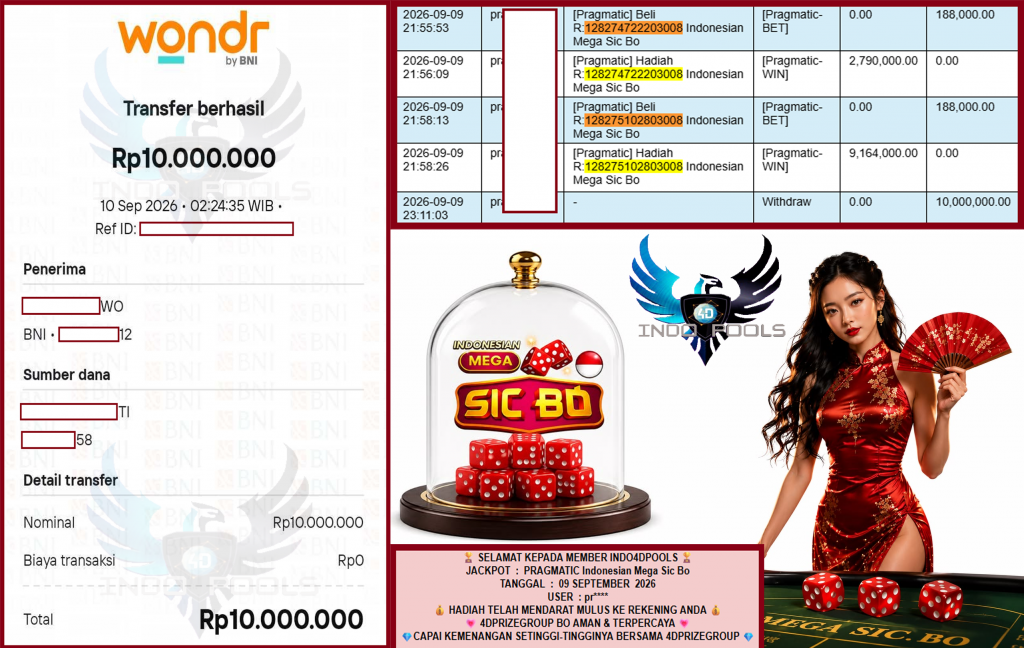 INDO4DPOOLS JACKPOT PRAGMATIC “Indonesian Mega Sic Bo”‎‏‏‎‎ Rp10.000.000,- LUNAS