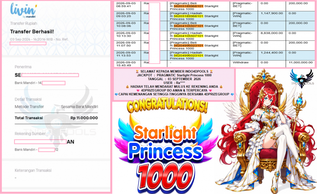 INDO4DPOOLS JACKPOT PRAGMATIC “Starlight Princess 1000″ Rp11.000.000,- LUNAS