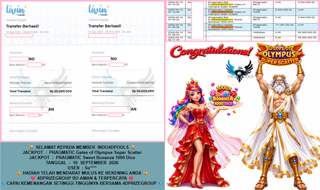 INDO4DPOOLS JACKPOT PRAGMATIC “Gates of Olympus Super Scatter” & “Sweet Bonanza 1000 Dice”‎‏‏‎‎ Rp80.000.000,- LUNAS