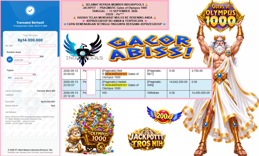 INDO4DPOOLS JACKPOT PRAGMATIC โGates of Olympus 1000โณโโโโโ Rp14.000.000,- LUNAS