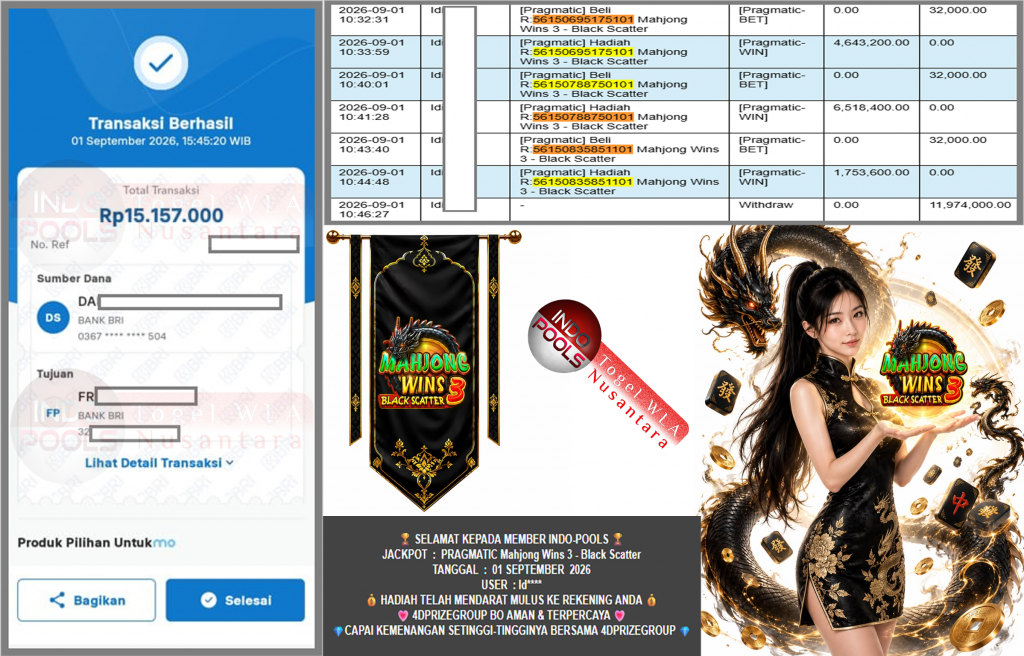 INDO-POOLS JACKPOT PRAGMATIC “Mahjong Wins 3 – Black Scatter” Rp11.974.000,- LUNAS