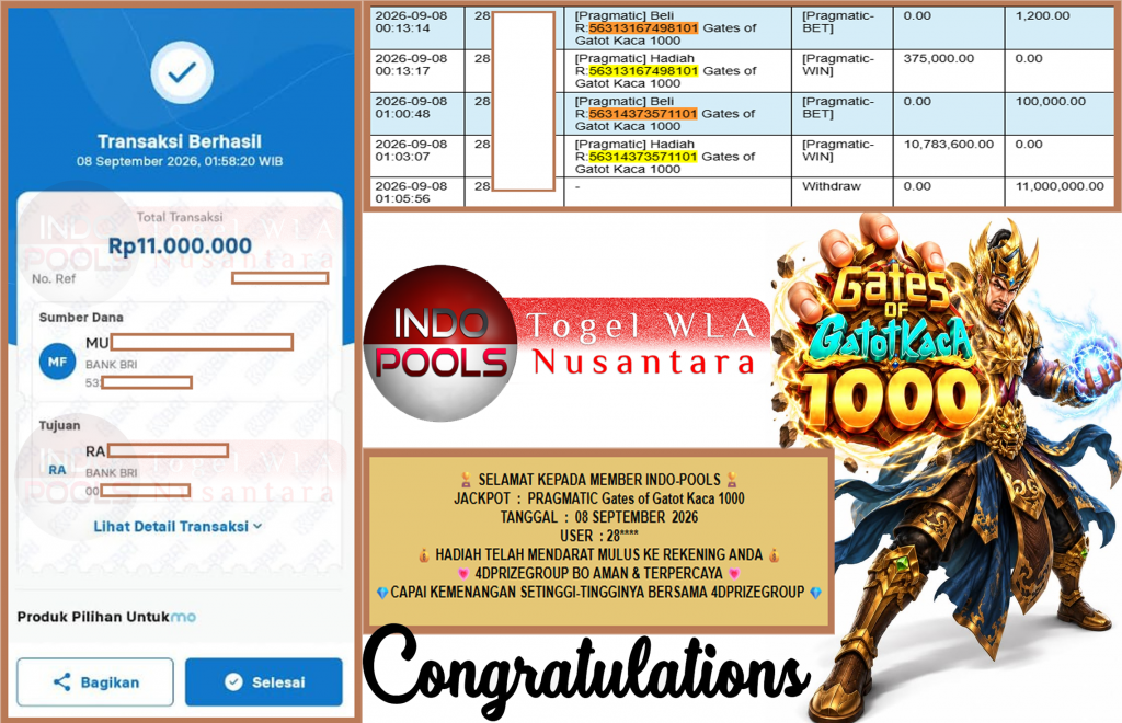 INDO-POOLS JACKPOT PRAGMATIC “Gates of Gatot Kaca 1000″ Rp11.000.000,- LUNAS