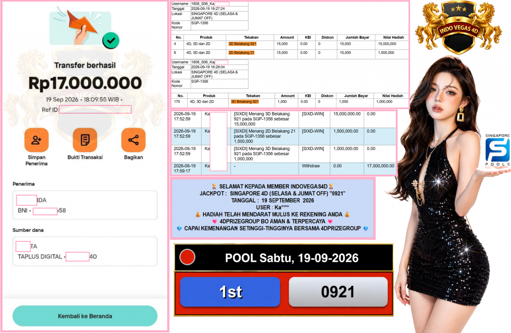 INDOVEGAS4D JACKPOT SINGAPORE 4D (SELASA & JUMAT OFF) “0921”‎‏‏‎ Rp17.000.000,- LUNAS