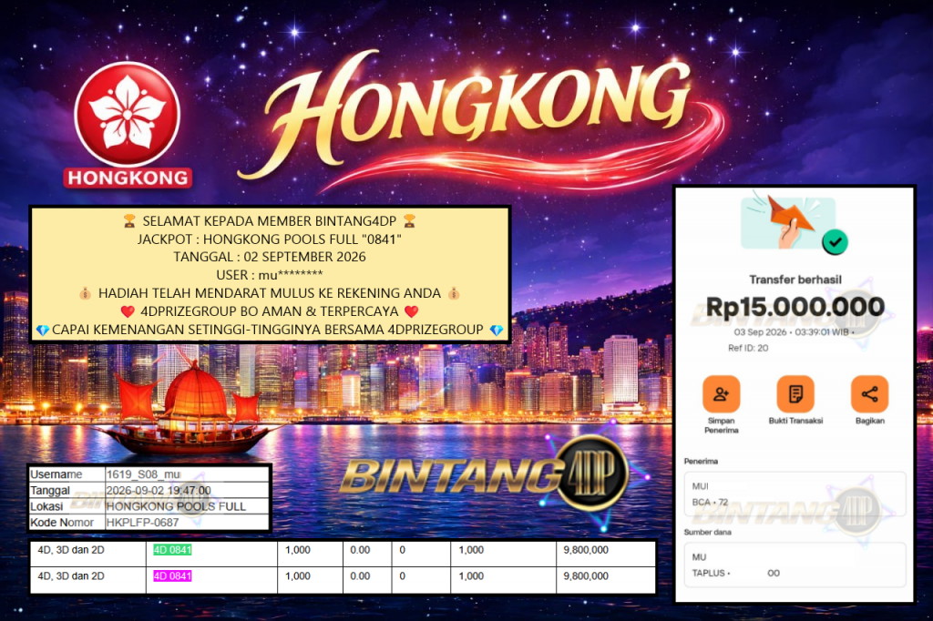 BINTANG4DP JACKPOT HONGKONG POOLS FULL “0841” Rp 15.000.000,- LUNAS