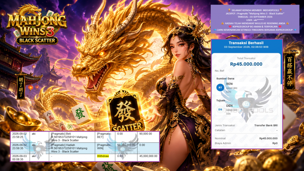 INDO4DPOOLS JACKPOT Pragmatic “Mahjong Wins 3 – Black Scatter” Rp45.000.000,- LUNAS