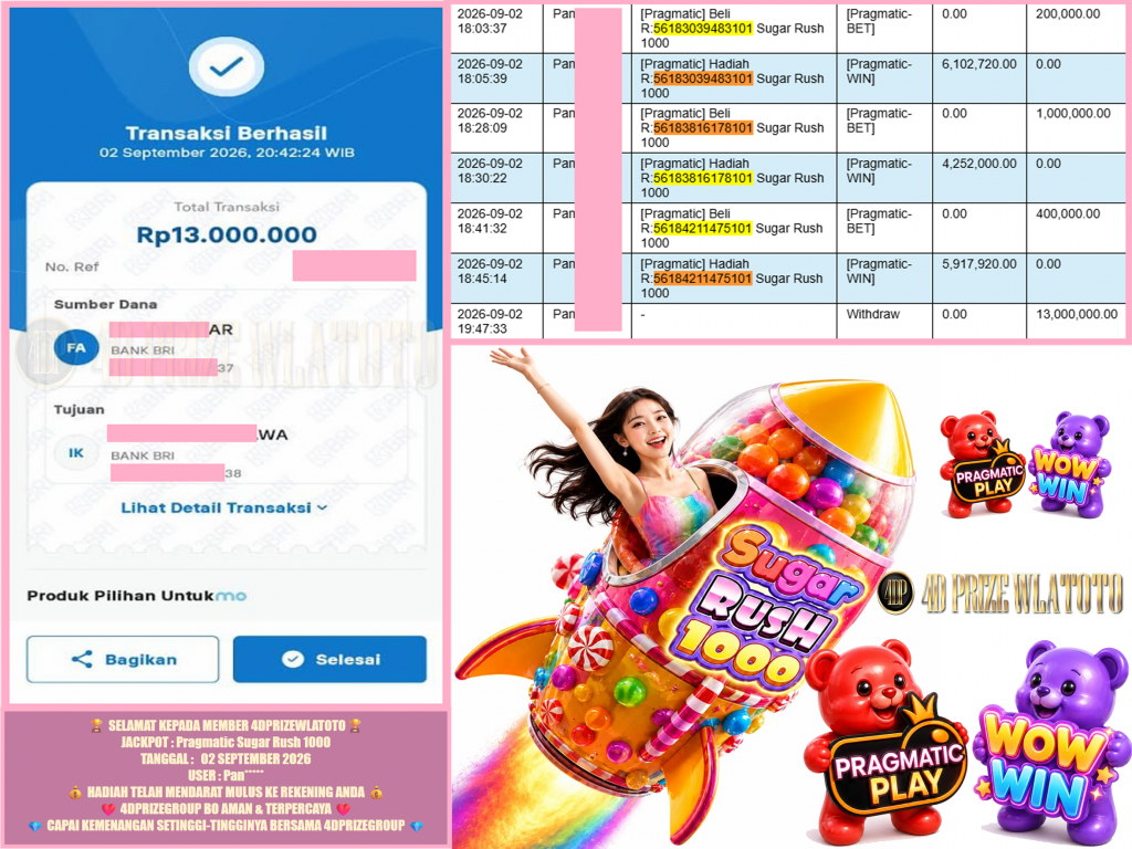 4DPRIZEWLATOTO JACKPOT PRAGMATIC “Sugar Rush 1000” Rp.13.000.000,-LUNAS