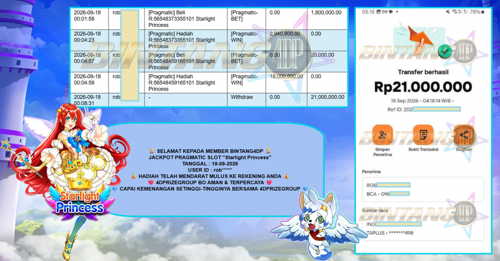 BINTANG4DP JACKPOT PRAGMATIC SLOT “Starlight Princess” Rp21.000.000,- LUNAS