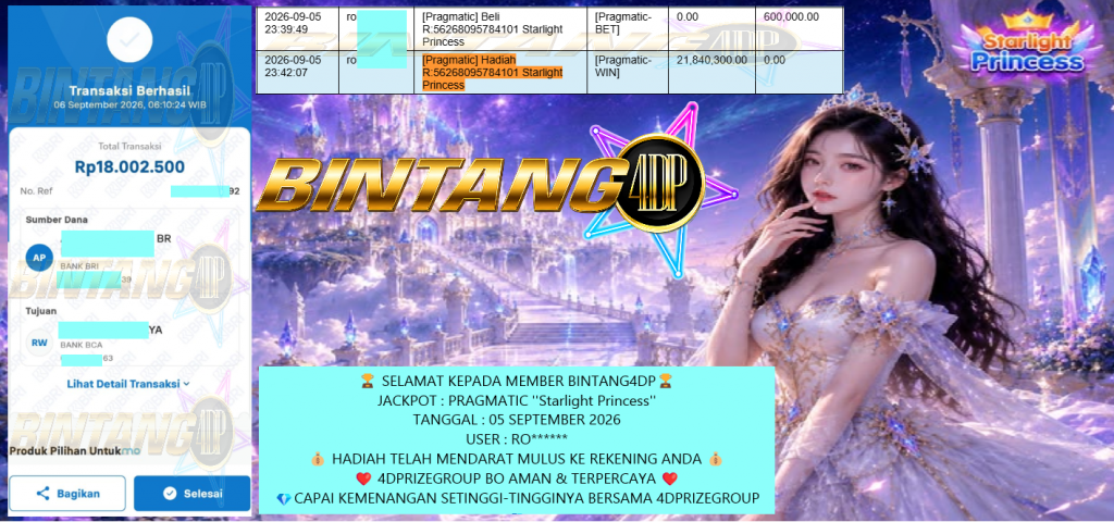 BINTANG4DP JACKPOT PRAGMATIC ”Starlight Princess” Rp18.000.000,- LUNAS