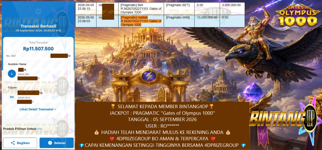 BINTANG4DP JACKPOT PRAGMATIC ”Gates of Olympus 1000” Rp11.500.000,- LUNAS