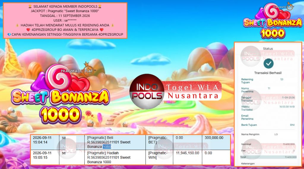 INDOPOOLS JACKPOT : Pragmatic “Sweet Bonanza 1000” Rp11.400.000,- LUNAS