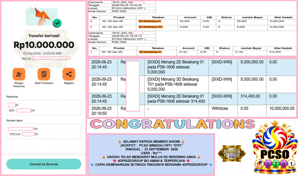 SHIO88 PCSO (MINGGU OFF) “0701” Rp10.000.000,- LUNAS