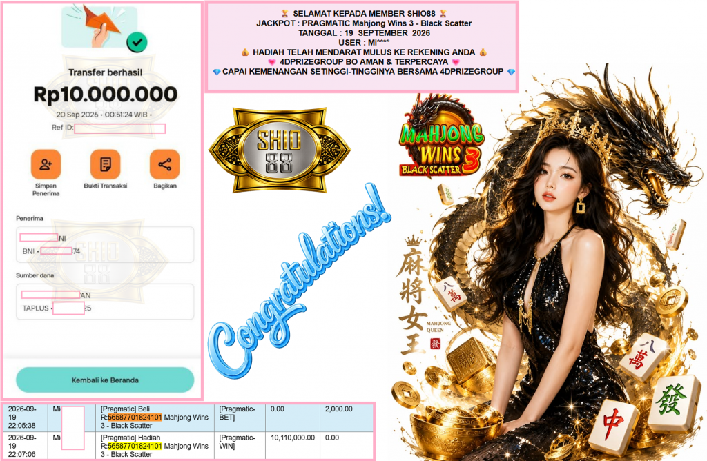 SHIO88 JACKPOT PRAGMATIC “Mahjong Wins 3 – Black Scatter” Rp10.000.000,- LUNAS