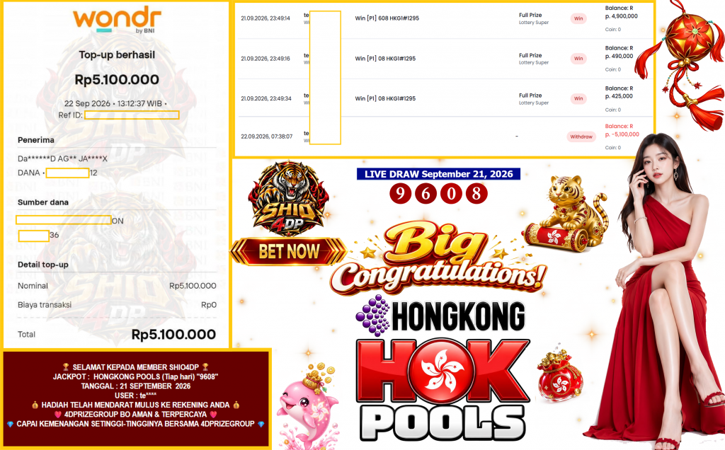 SHIO4DP JACKPOT HONGKONG POOLS (Tiap hari) “9608” Rp5.100.000,- LUNAS