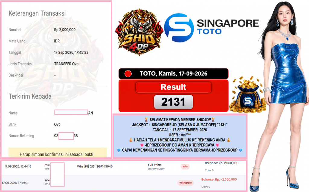 SHIO4DP JACKPOT SINGAPORE 4D (SELASA & JUMAT OFF) “2131” Rp2.000.000,- LUNAS