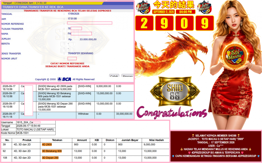 SHIO88 JACKPOT TOTO MACAU 2 (SETIAP HARI) “2909” Rp33.000.000,- LUNAS