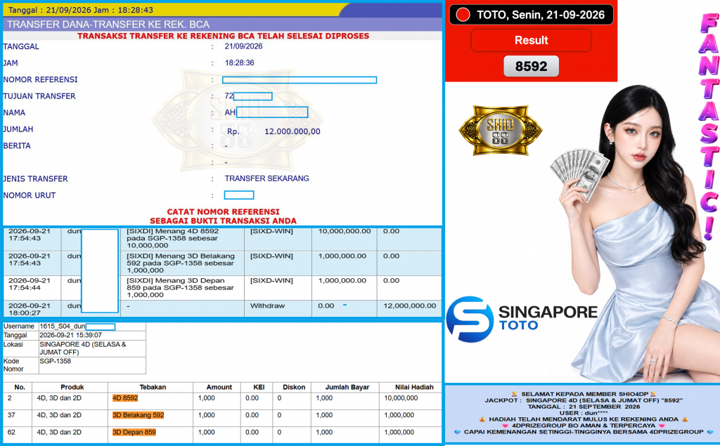 SHIO4DP JACKPOT SINGAPORE 4D (SELASA & JUMAT OFF) “8592” Rp12.000.000,- LUNAS