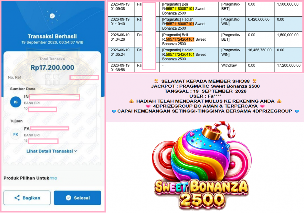SHIO88 JACKPOT PRAGMATIC “Sweet Bonanza 2500″ Rp17.200.000,- LUNAS