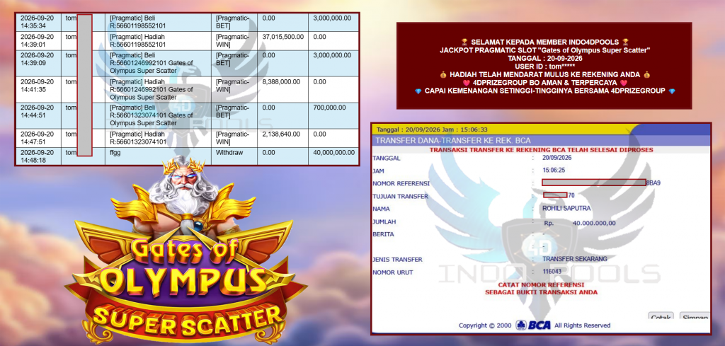INDO4DPOOLS JACKPOT PRAGMATIC SLOT “Gates of Olympus Super Scatter” Rp 40.000.000,- LUNAS