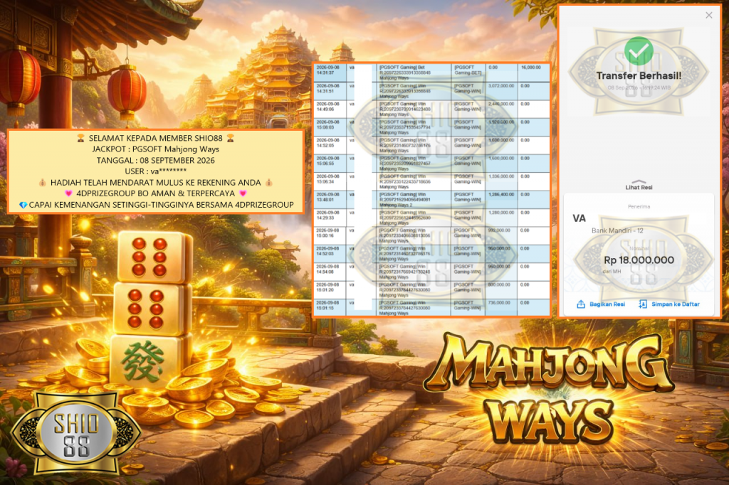 SHIO88 JACKPOT PGSOFT Mahjong Ways Rp 18.000.000,- LUNAS