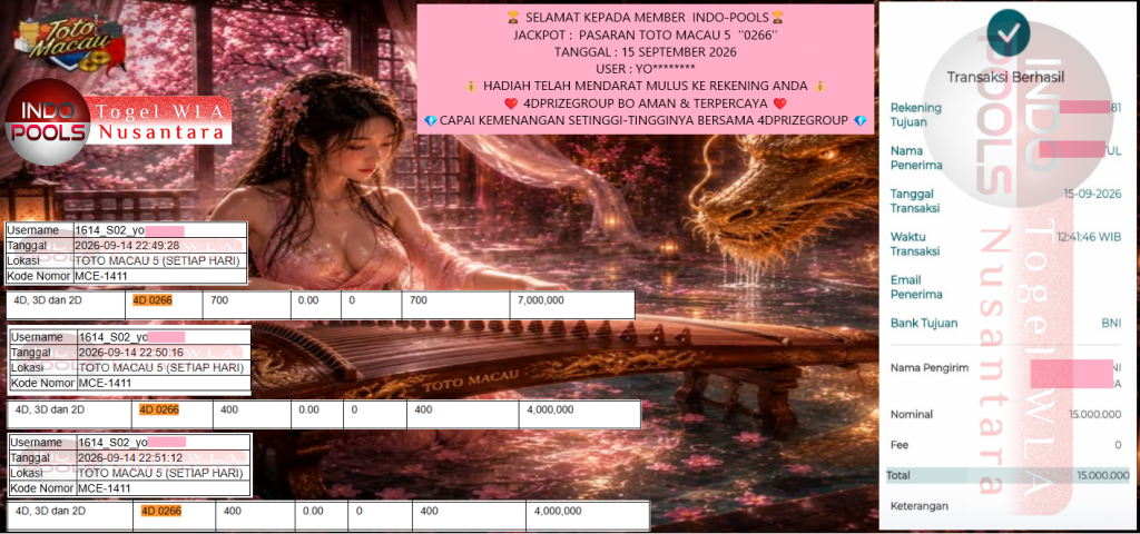 INDO-POOLS JACKPOT PASARAN TOTO MACAU 5 ”0266′ Rp 15.000.000,- LUNAS
