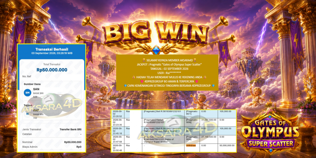 AKSARA4D JACKPOT Pragmatic “Gates of Olympus Super Scatter” Rp50.000.000,- LUNAS