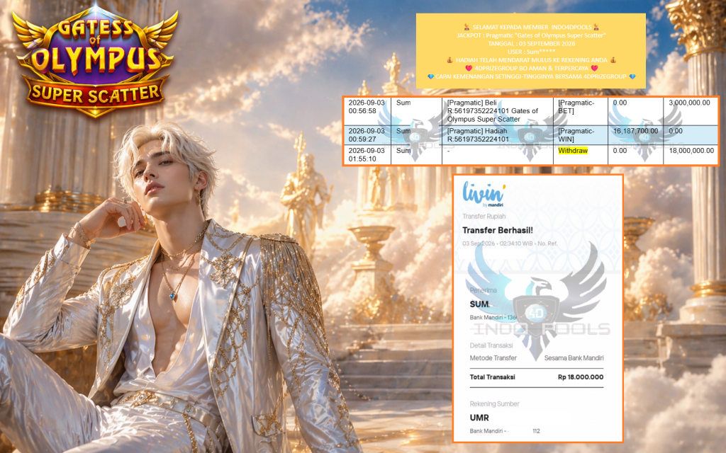 INDO4DPOOLS JACKPOT Pragmatic “Gates of Olympus Super Scatter” Rp18.000.000,- LUNAS